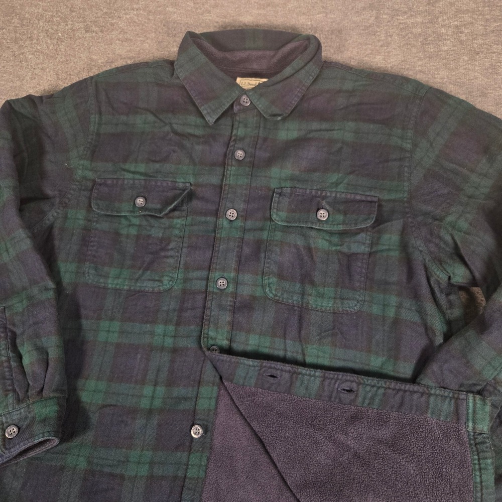 L.L. Bean Flannel Shirt Mens Large Green Blue Plaid Fleece Lined Shacket 0 GLR6